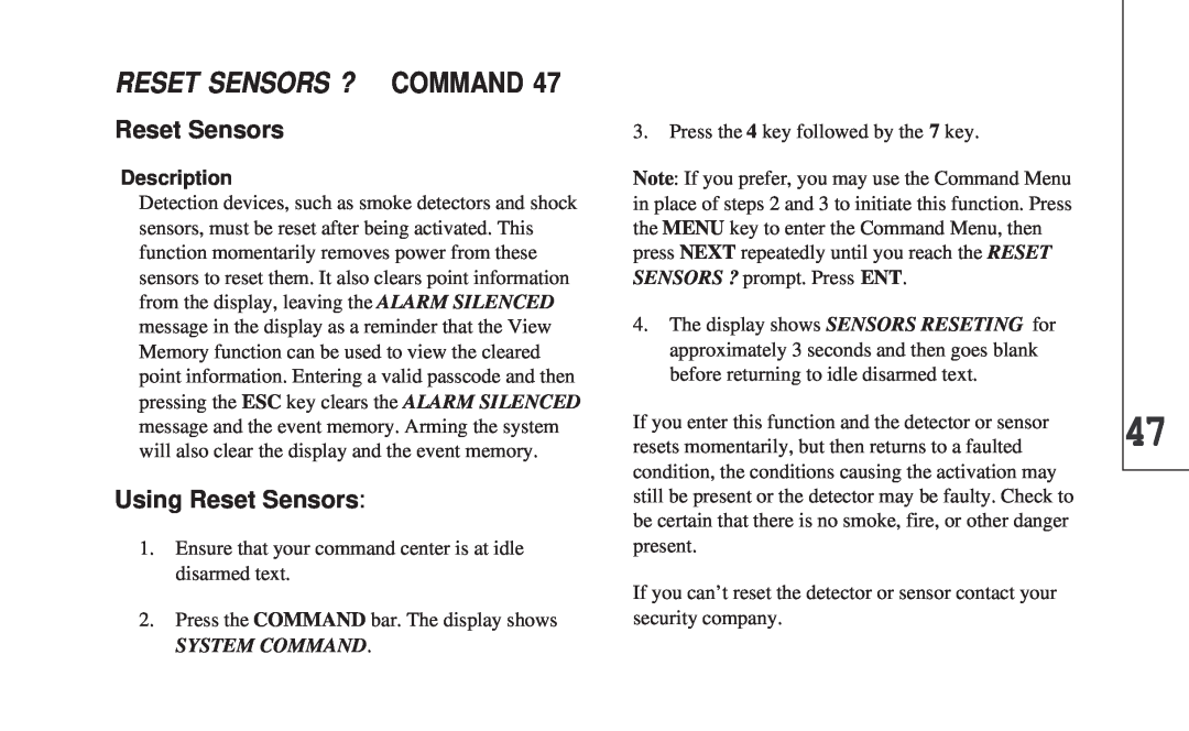 ADT Security Services 8112 manual Reset Sensors ? Command, Using Reset Sensors, Description, System Command 