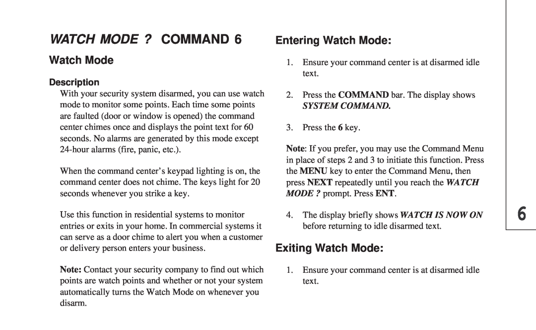 ADT Security Services 8112 Watch Mode ? Command, Entering Watch Mode, Exiting Watch Mode, Description, System Command 