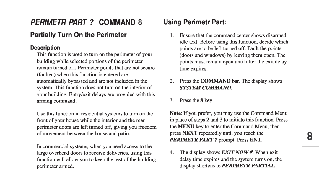 ADT Security Services 8112 Perimetr Part ? Command, Partially Turn On the Perimeter, Using Perimetr Part, Description 
