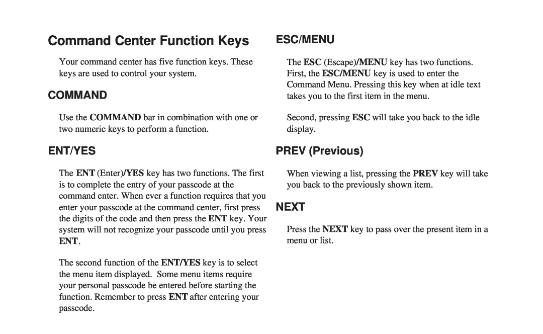 ADT Security Services 8112 manual Command Center Function Keys, Esc/Menu, Ent/Yes, Next, PREV Previous 