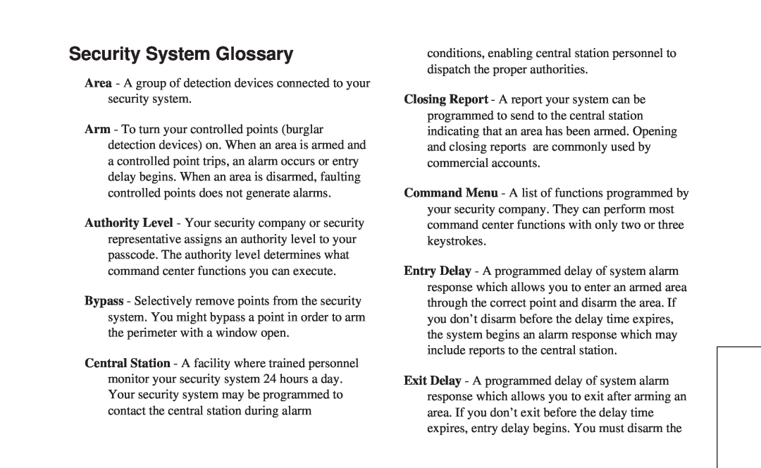 ADT Security Services 8112 manual Security System Glossary 