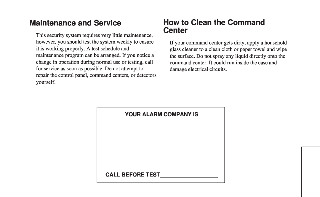 ADT Security Services 8112 manual Maintenance and Service, How to Clean the Command Center, Your Alarm Company Is 