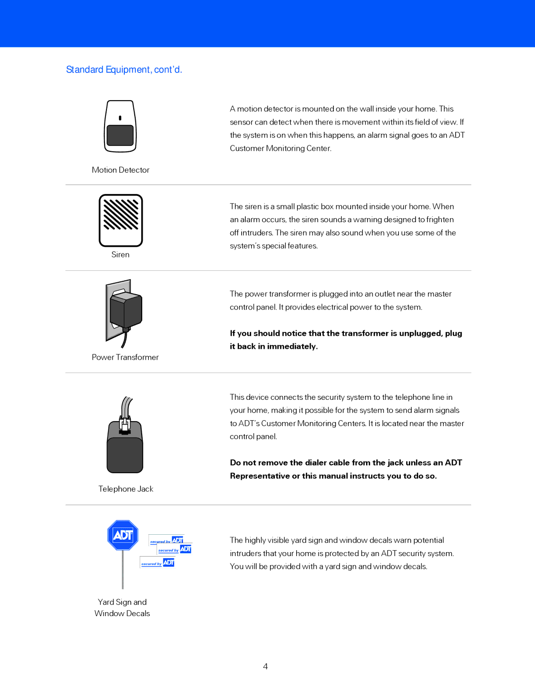 ADT Security Services BHS-3000C user manual Standard Equipment, cont’d 