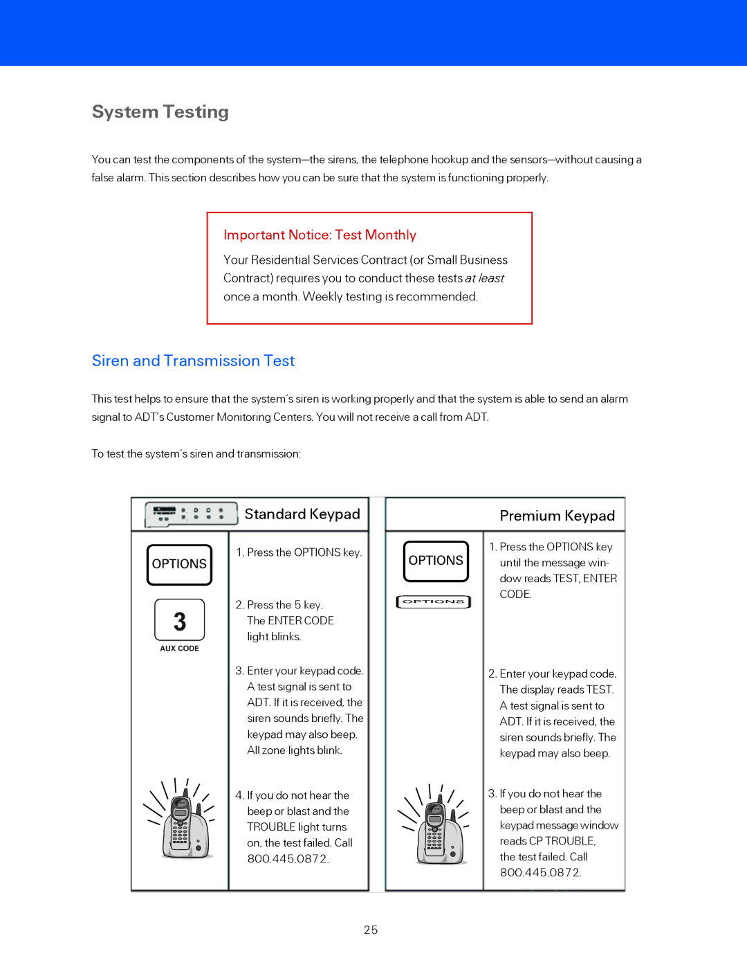 ADT Security Services BHS-3000C user manual System Testing, Siren and Transmission Test 