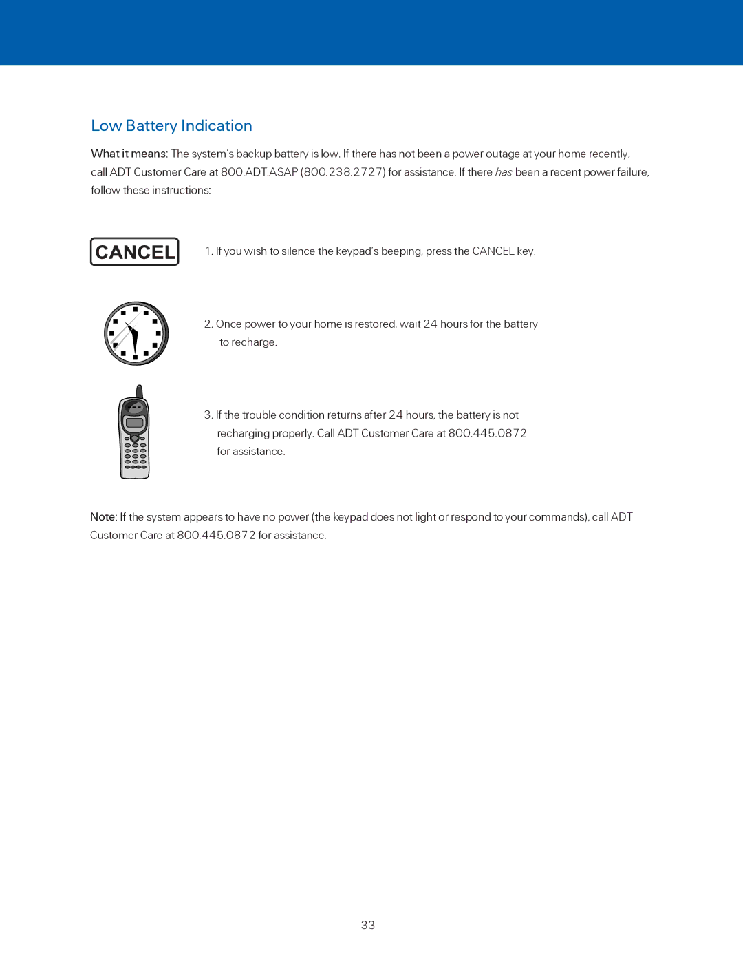 ADT Security Services BHS-3000C user manual Low Battery Indication 