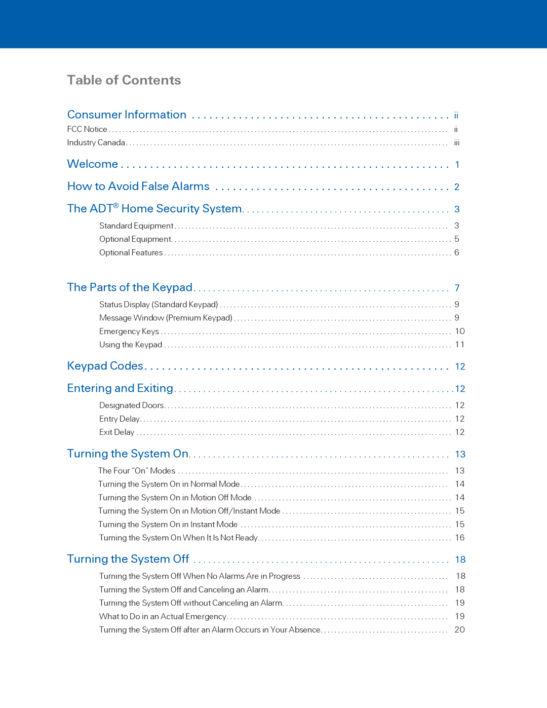 ADT Security Services BHS-3000C user manual Table of Contents 