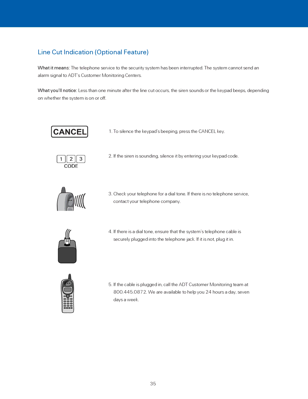 ADT Security Services BHS-3000C user manual Line Cut Indication Optional Feature 