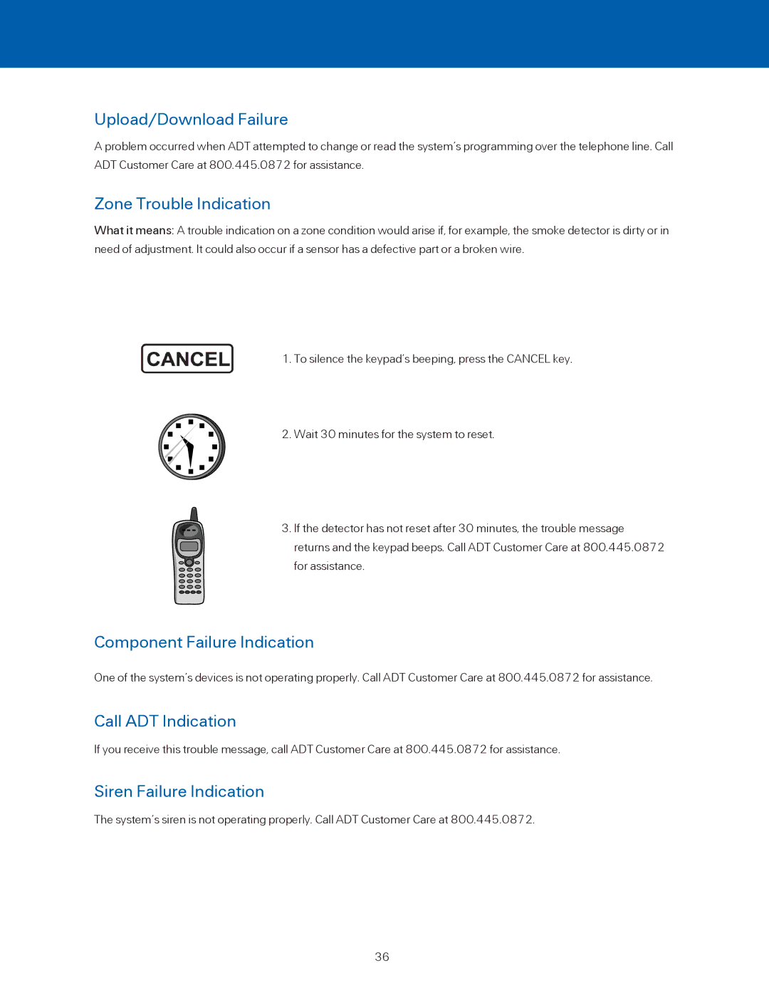 ADT Security Services BHS-3000C user manual Upload/Download Failure, Zone Trouble Indication, Component Failure Indication 