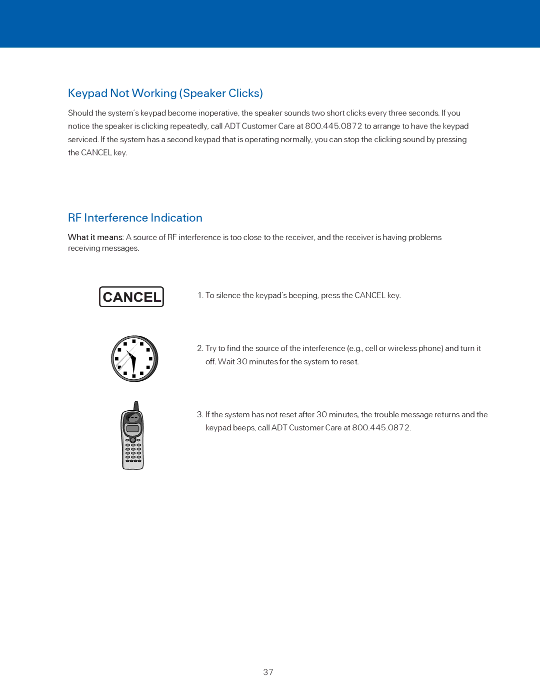 ADT Security Services BHS-3000C user manual Keypad Not Working Speaker Clicks, RF Interference Indication 