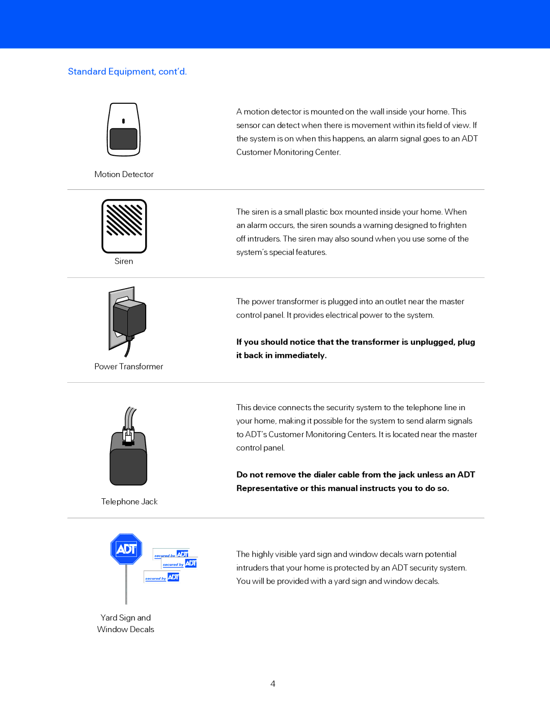 ADT Security Services BHS-4000A user manual Standard Equipment, cont’d 