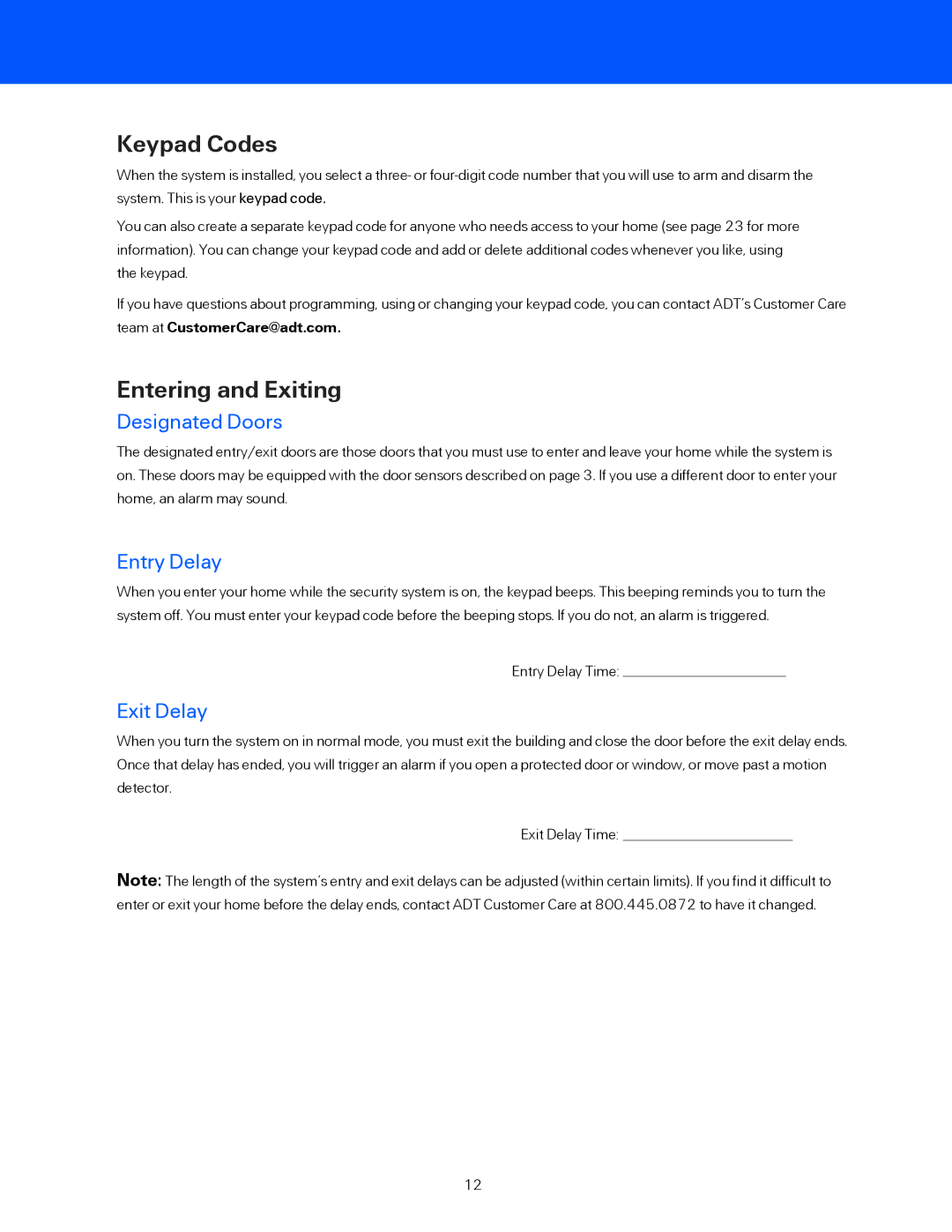ADT Security Services BHS-4000A user manual Designated Doors, Entry Delay, Exit Delay 