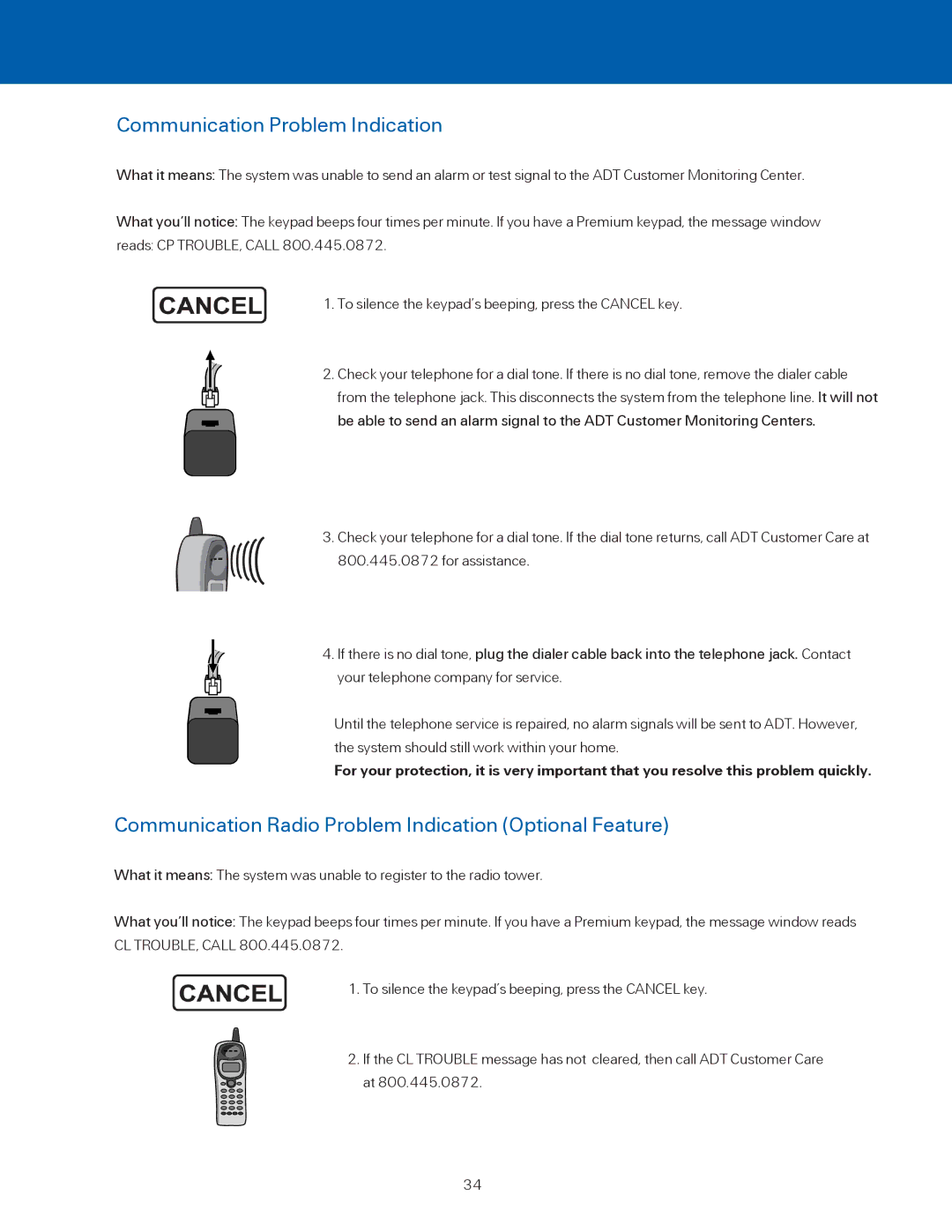 ADT Security Services BHS-4000A Communication Problem Indication, Communication Radio Problem Indication Optional Feature 