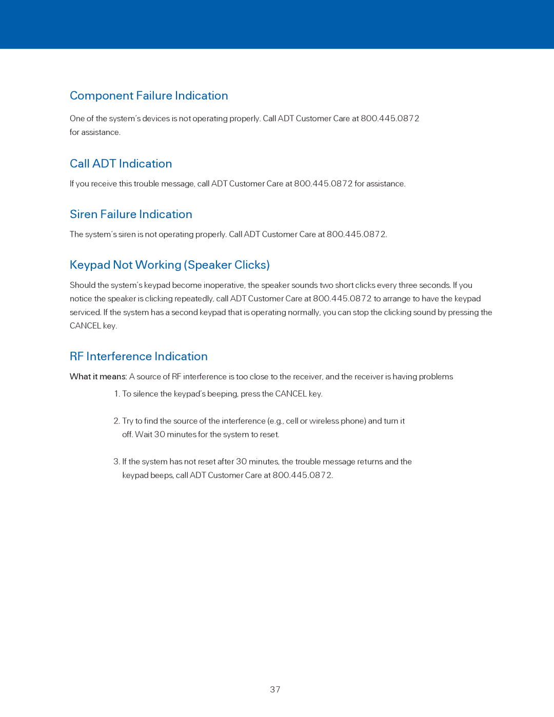 ADT Security Services BHS-4000A user manual Component Failure Indication, Call ADT Indication, Siren Failure Indication 