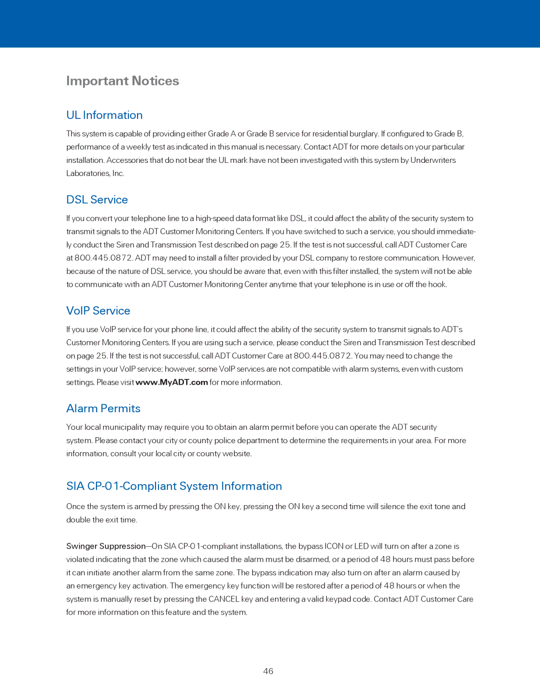 ADT Security Services BHS-4000A user manual Important Notices, UL Information, DSL Service, VoIP Service Alarm Permits 