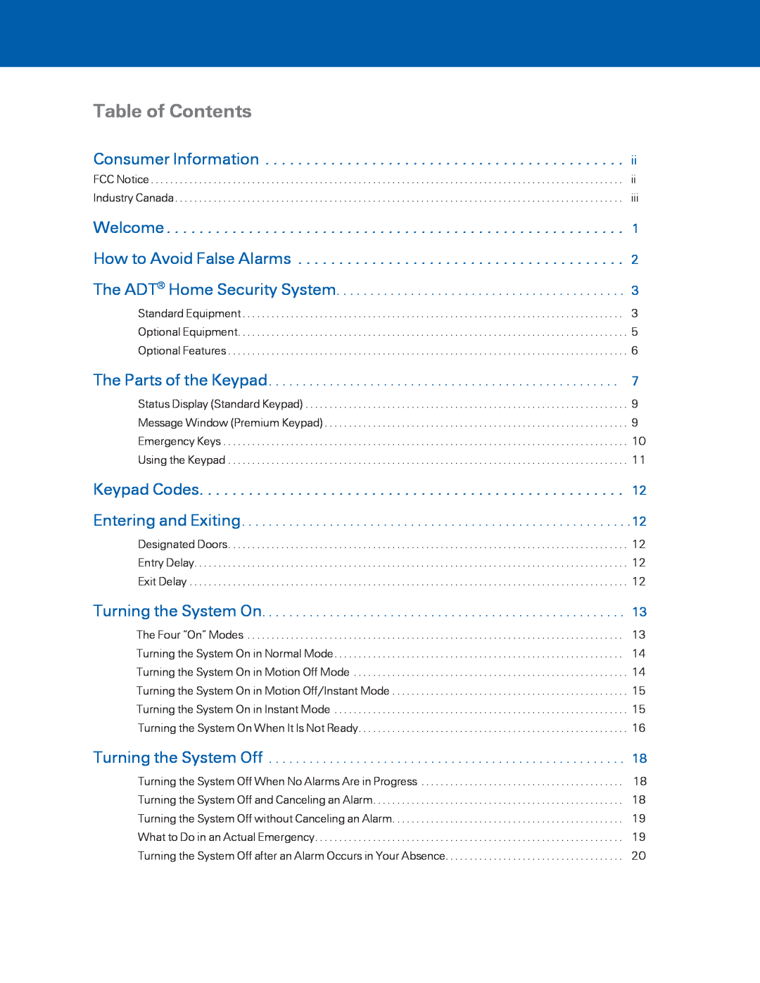 ADT Security Services BHS-4000A user manual Table of Contents, The ADT Home Security System 