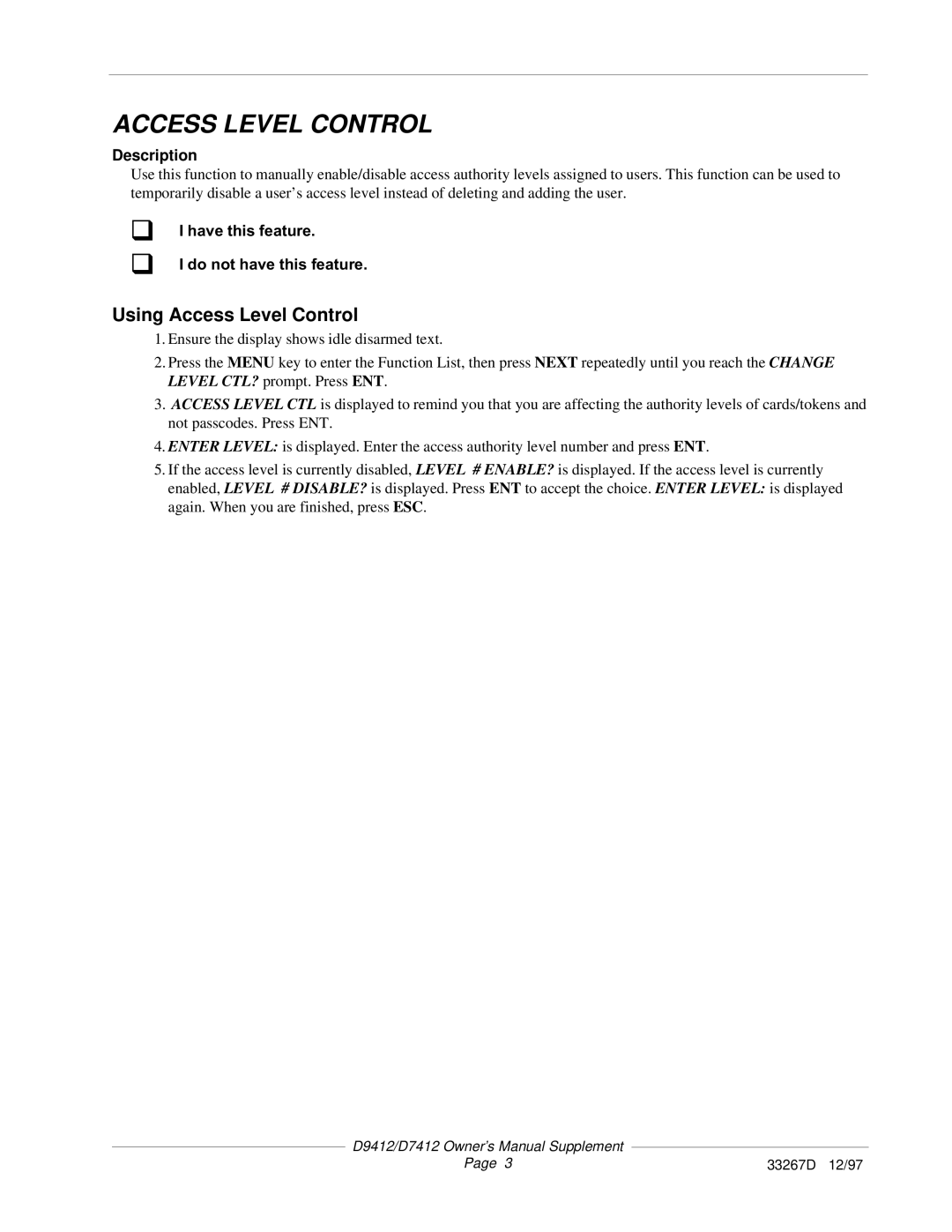 ADT Security Services D7412, D9412 owner manual Using Access Level Control 