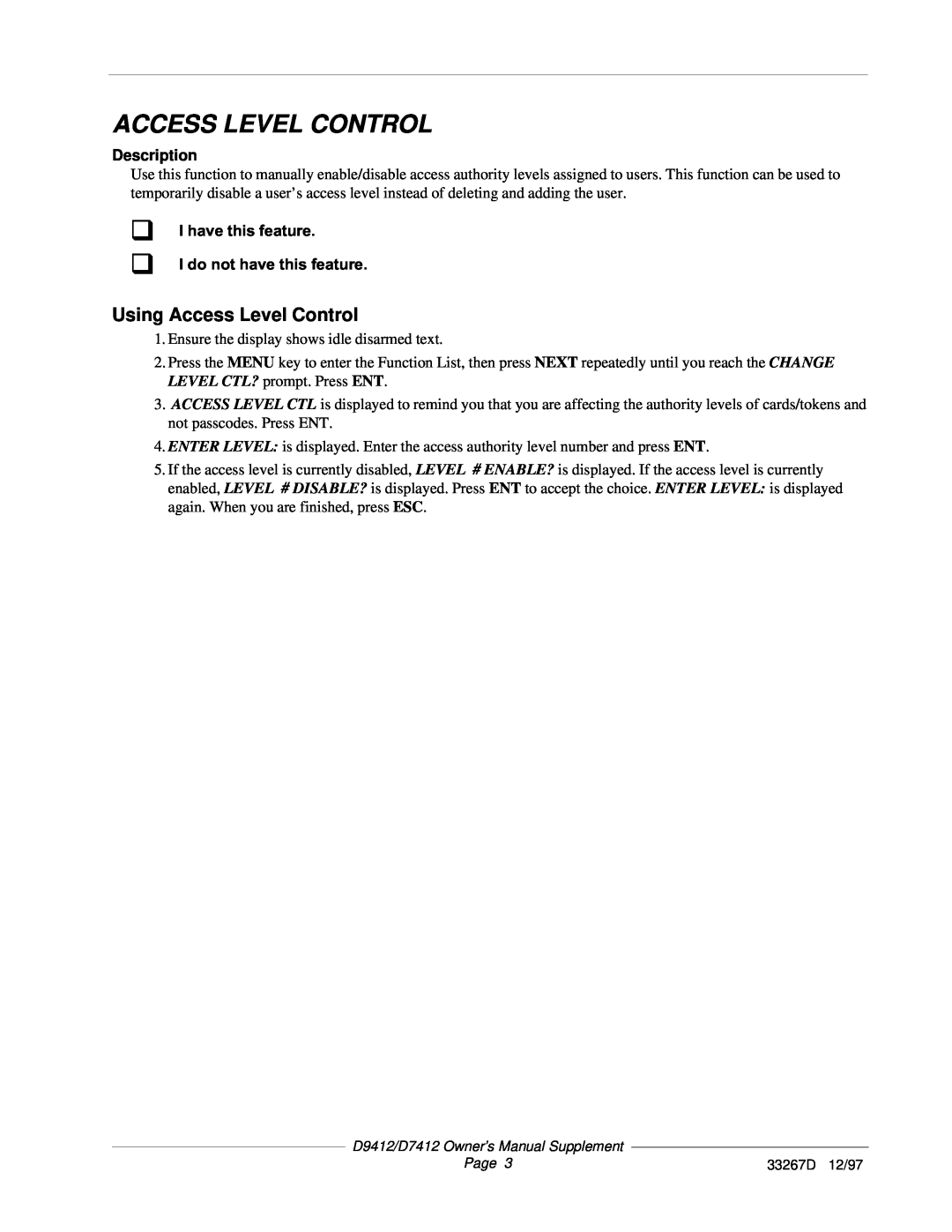 ADT Security Services D7412, D9412 owner manual Using Access Level Control, Description 