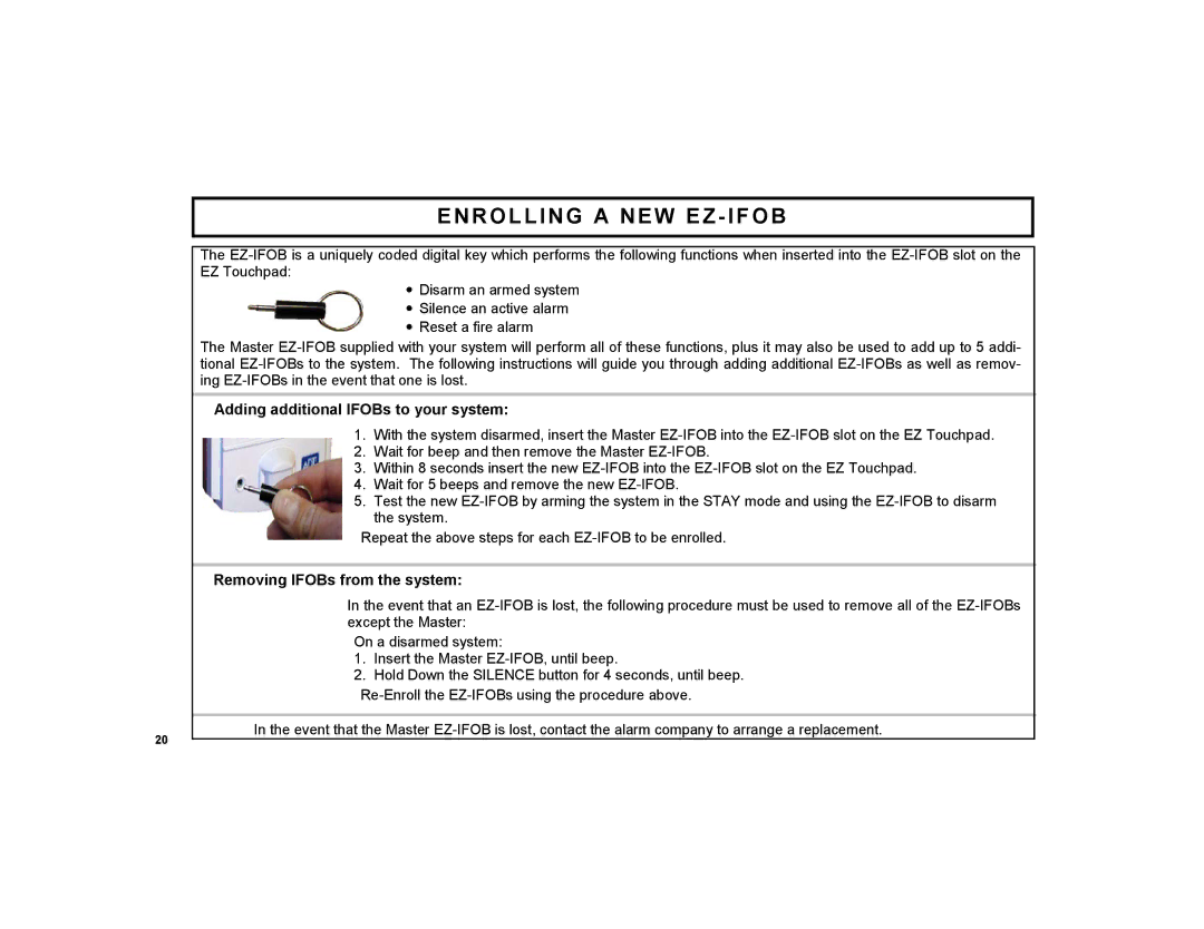 ADT Security Services Enrolling a NEW EZ Ifob, Adding additional IFOBs to your system, Removing IFOBs from the system 