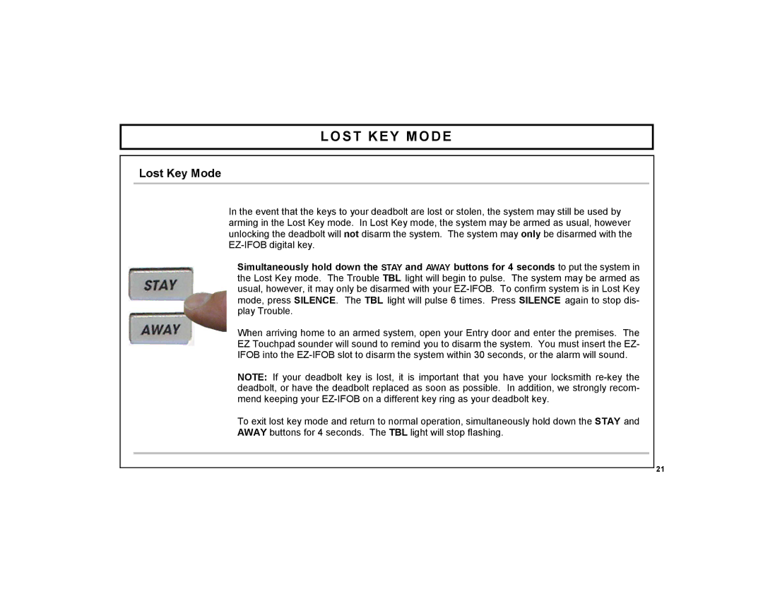 ADT Security Services EZ manual Lost KEY Mode, Lost Key Mode 