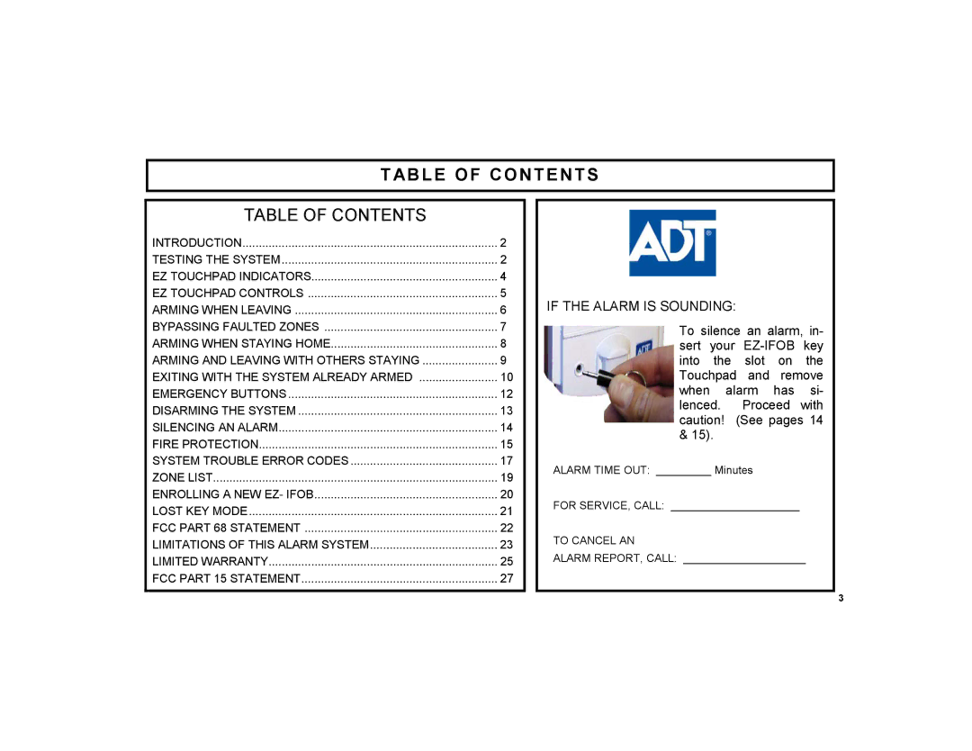 ADT Security Services EZ manual Table of Contents 