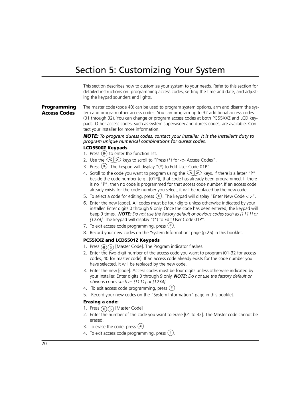 ADT Security Services Power 864 manual Customizing Your System, Programming Access Codes, PC55XXZ and LCD5501Z Keypads 