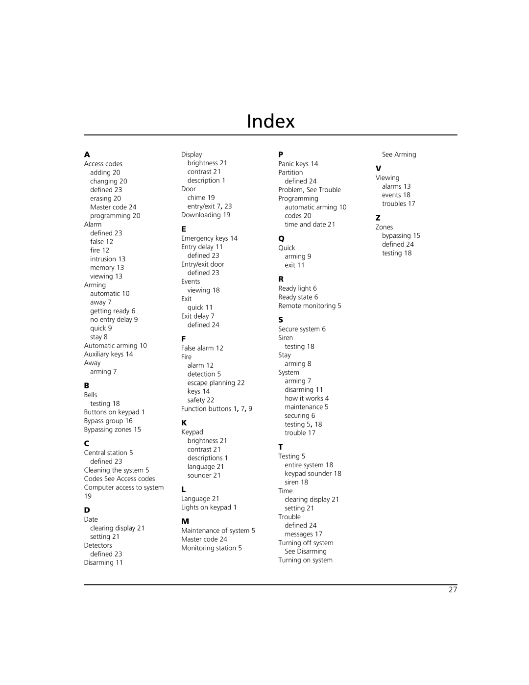 ADT Security Services Power 864 manual Index 