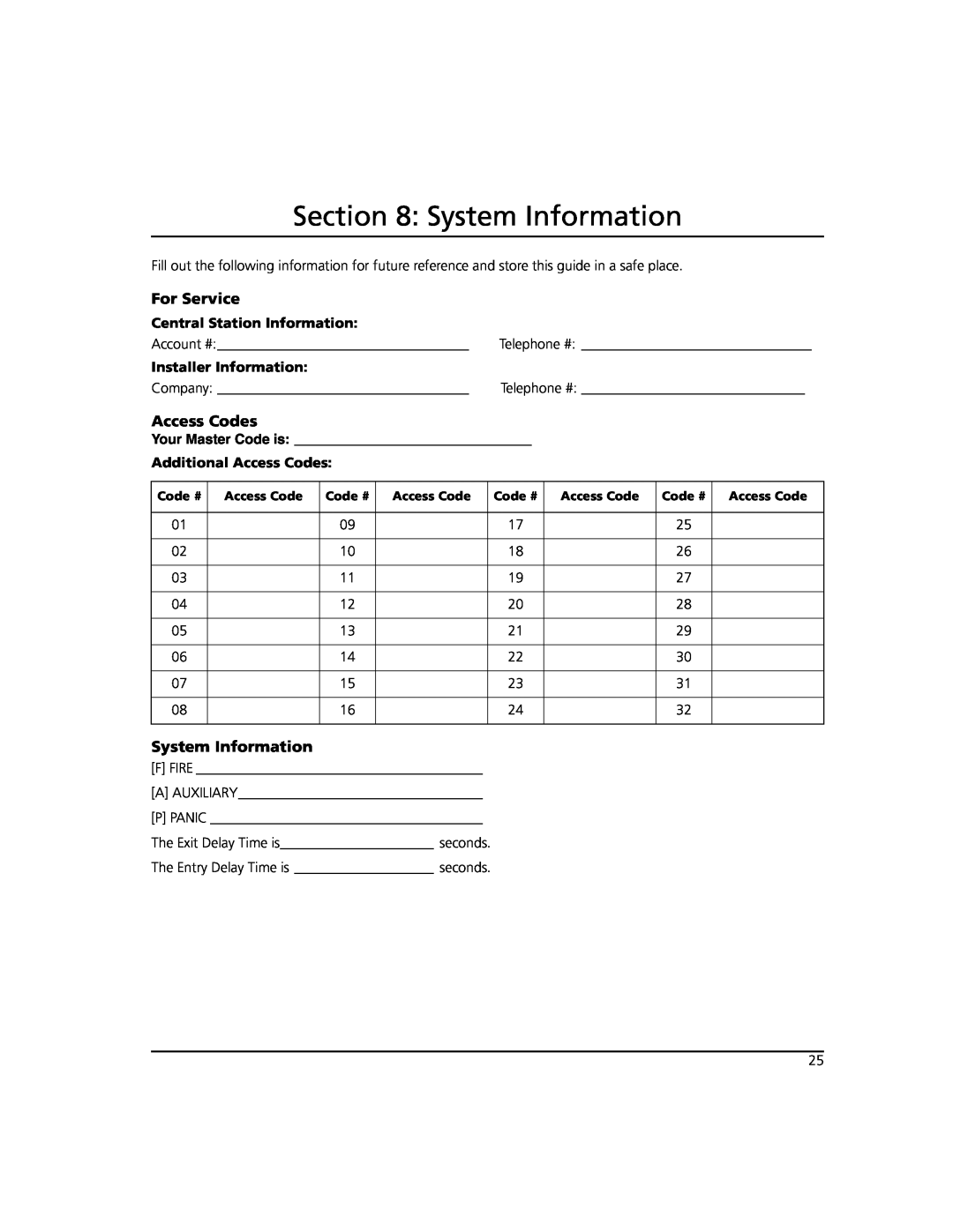 ADT Security Services Power 864 manual System Information, For Service, Access Codes, Central Station Information 