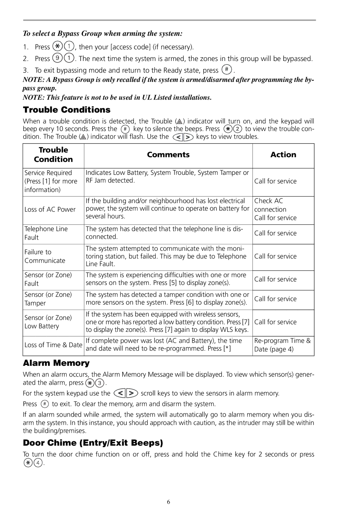 ADT Security Services SCW9045-433, SCW9047-433 manual Trouble Conditions, Alarm Memory, Door Chime Entry/Exit Beeps 