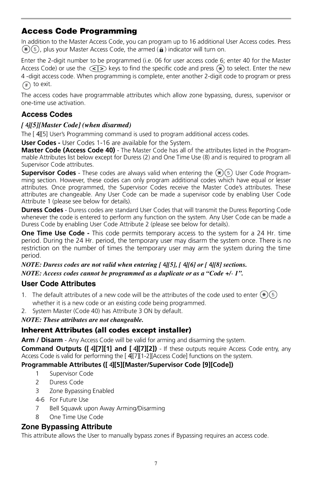 ADT Security Services SCW9047-433 Access Code Programming, Access Codes, User Code Attributes, Zone Bypassing Attribute 