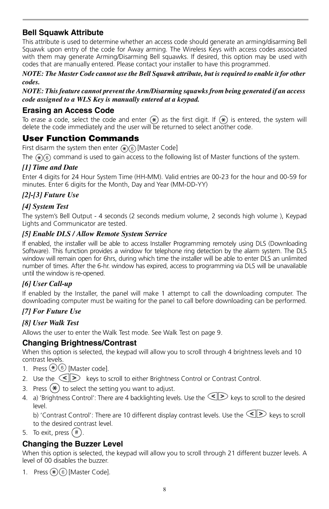 ADT Security Services SCW9045-433, SCW9047-433 manual Bell Squawk Attribute, Erasing an Access Code, User Function Commands 