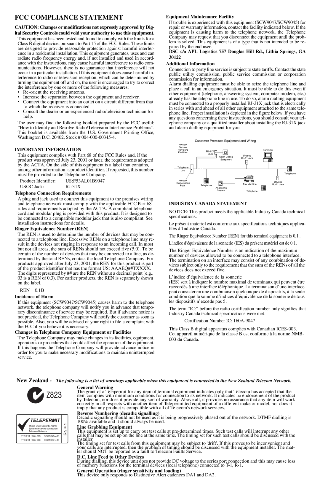 ADT Security Services SCW9045-433, SCW9047-433 manual FCC Compliance Statement 