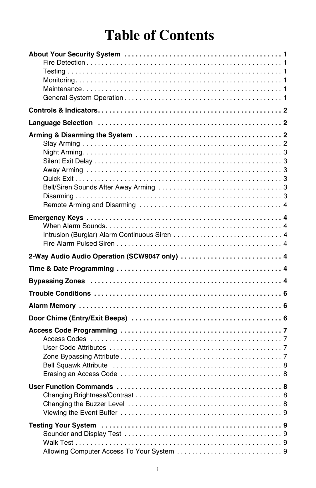 ADT Security Services SCW9047-433, SCW9045-433 manual Table of Contents 