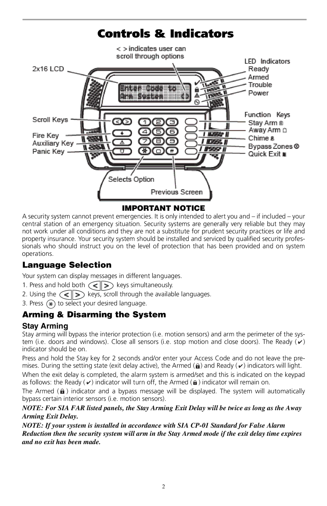 ADT Security Services SCW9045-433, SCW9047-433 manual Language Selection, Arming & Disarming the System Stay Arming 