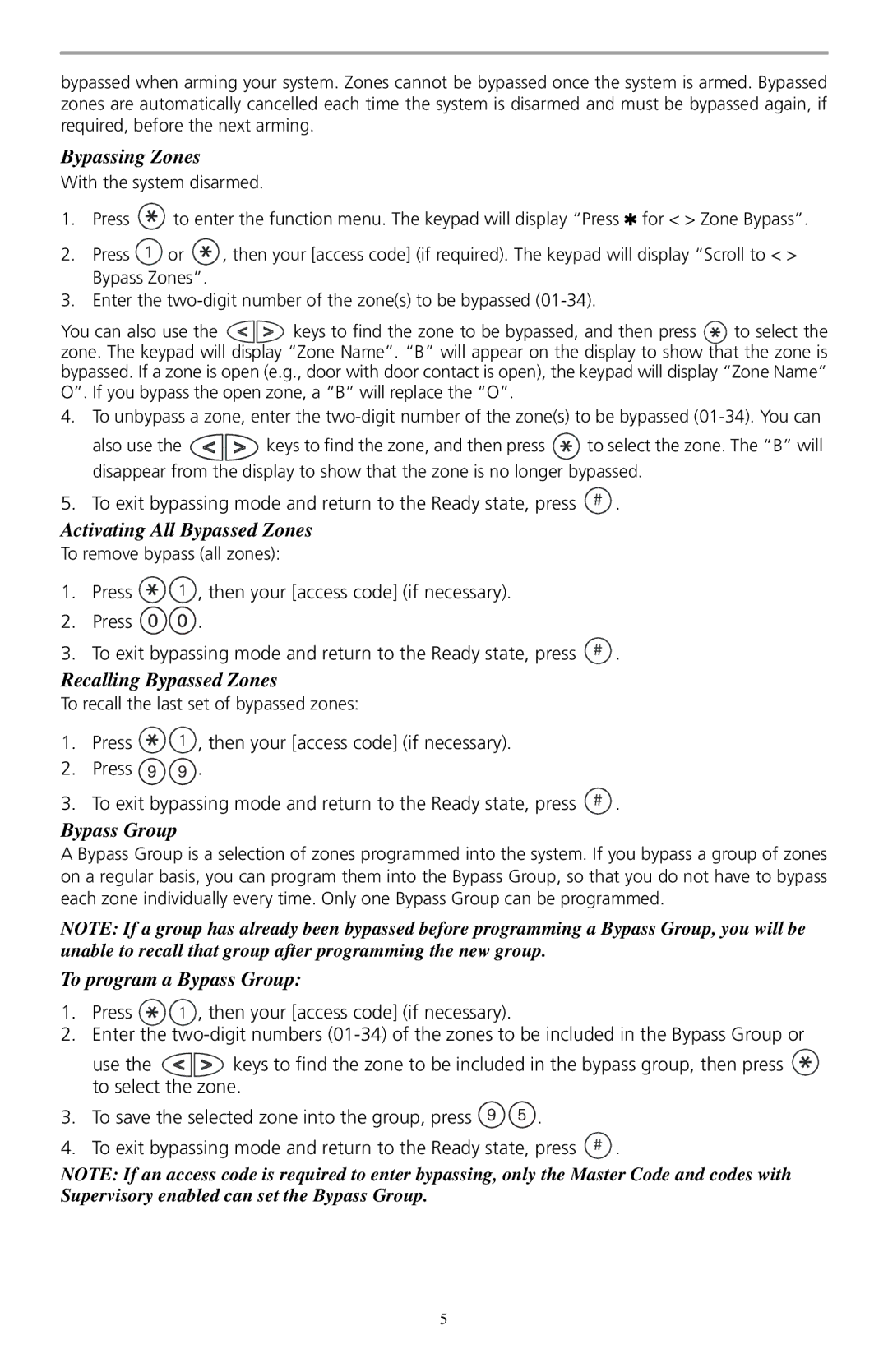 ADT Security Services SCW9047-433 Bypassing Zones, Activating All Bypassed Zones, Recalling Bypassed Zones, Bypass Group 