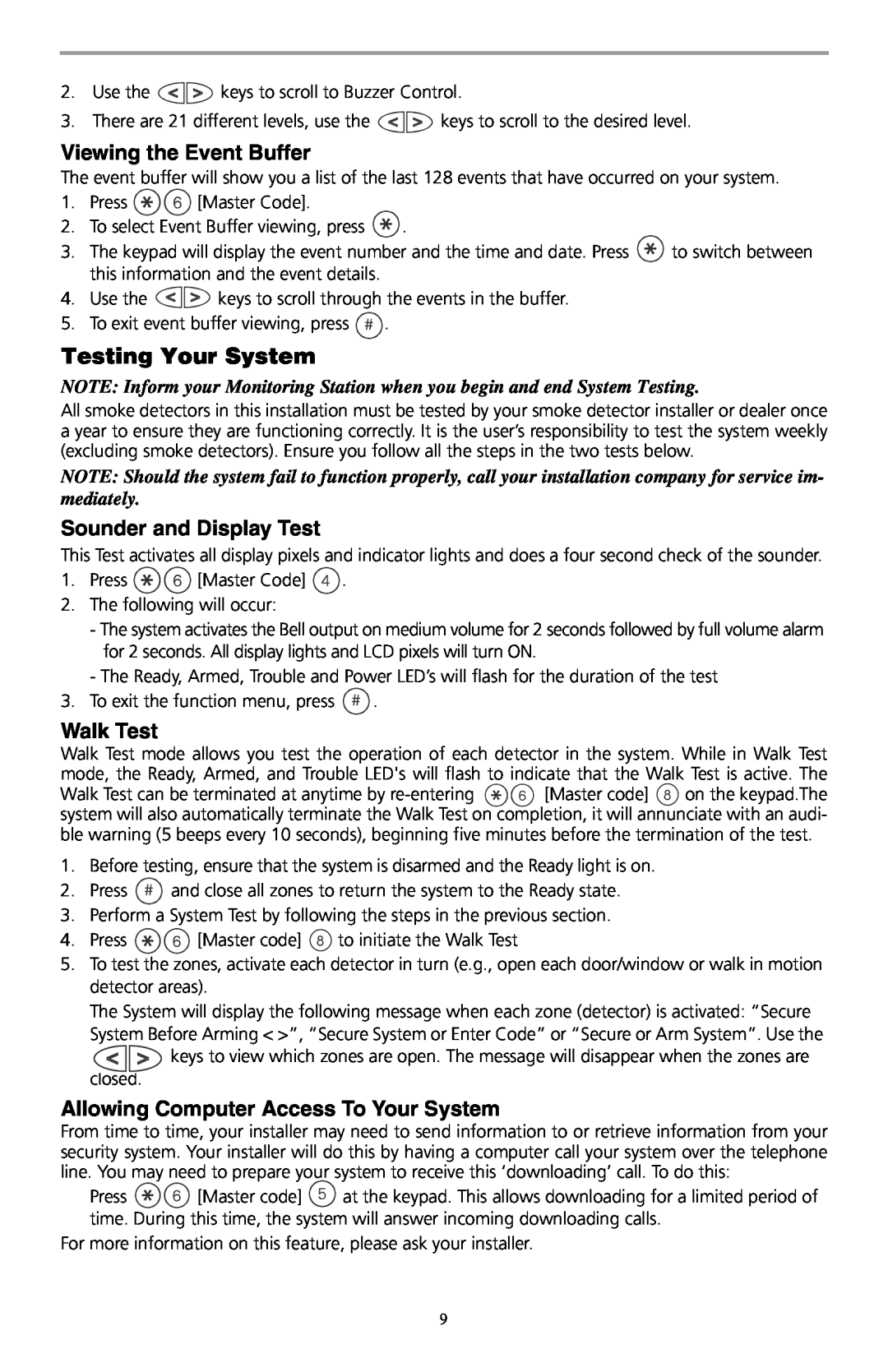 ADT Security Services SCW9047-433 manual Viewing the Event Buffer, Testing Your System, Sounder and Display Test, Walk Test 