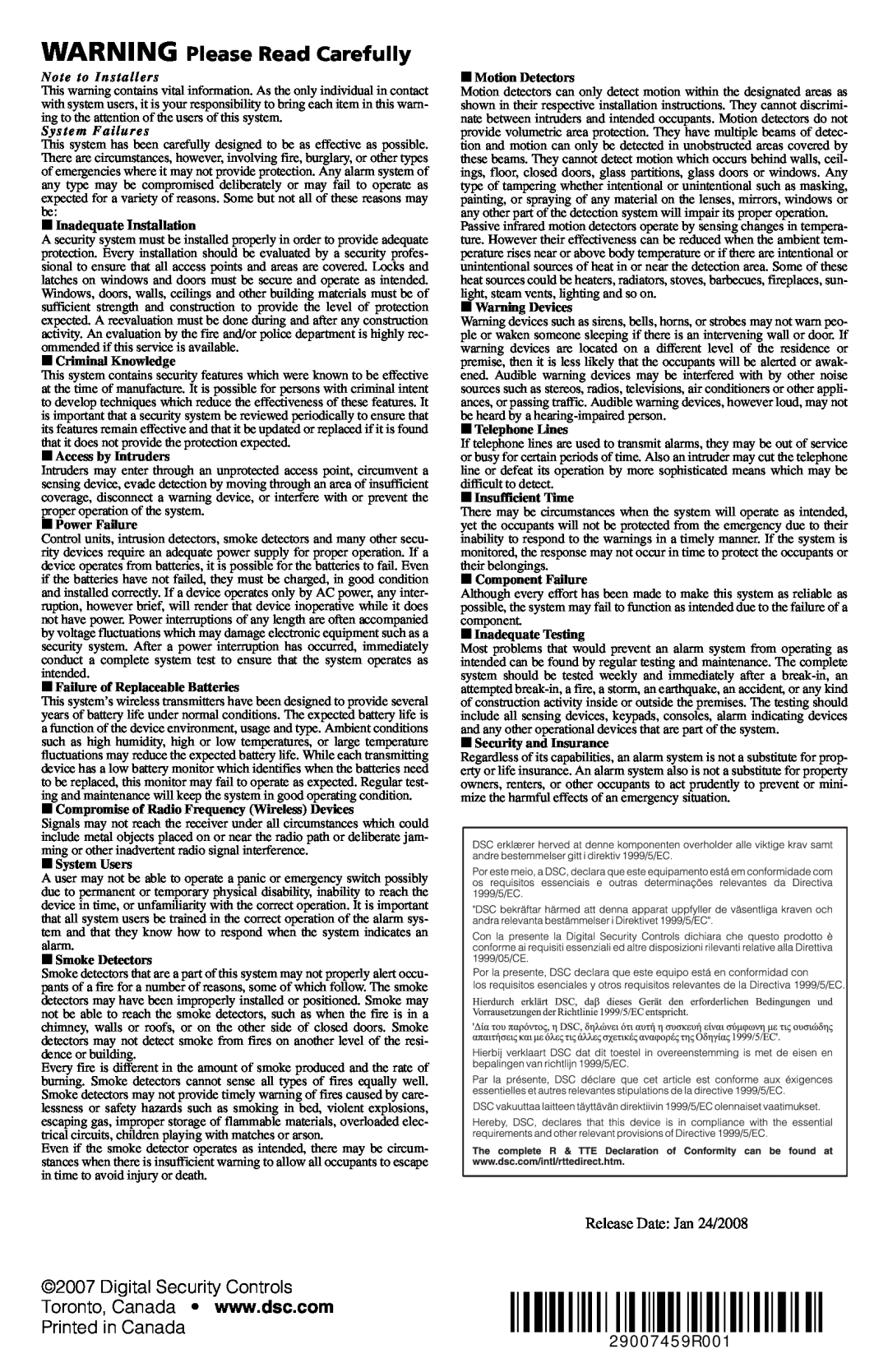 ADT Security Services SCW9045-433 manual WARNING Please Read Carefully, Inadequate Installation, Release Date Jan 24/2008 