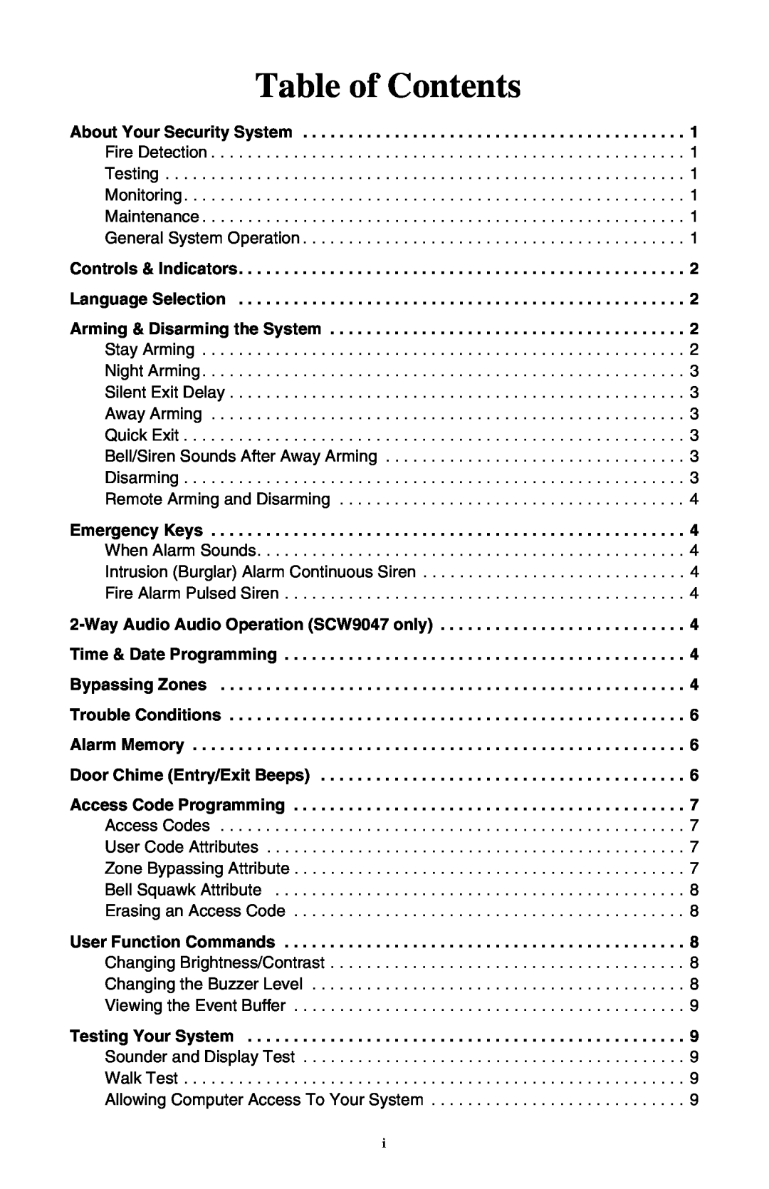 ADT Security Services SCW9047-433, SCW9045-433 manual Table of Contents 