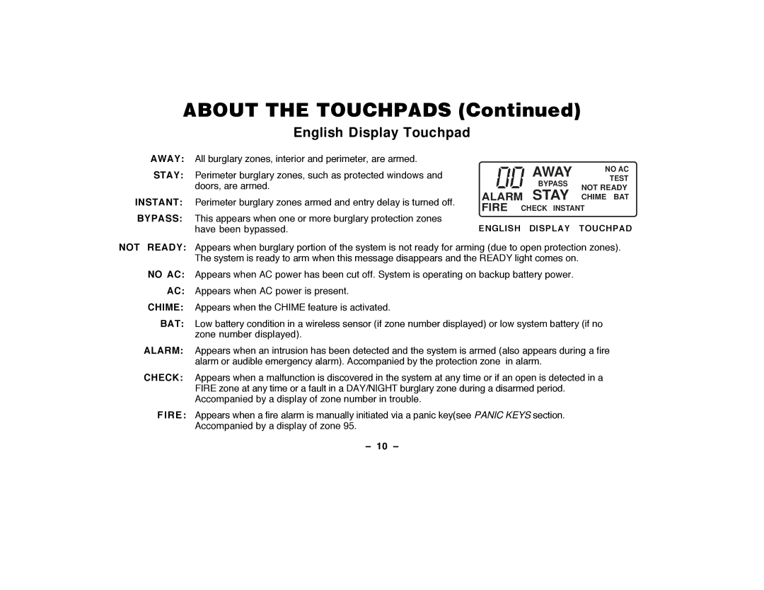 ADT Security Services Security System, Security Manager 2000 user manual About the Touchpads, 10 Ð 