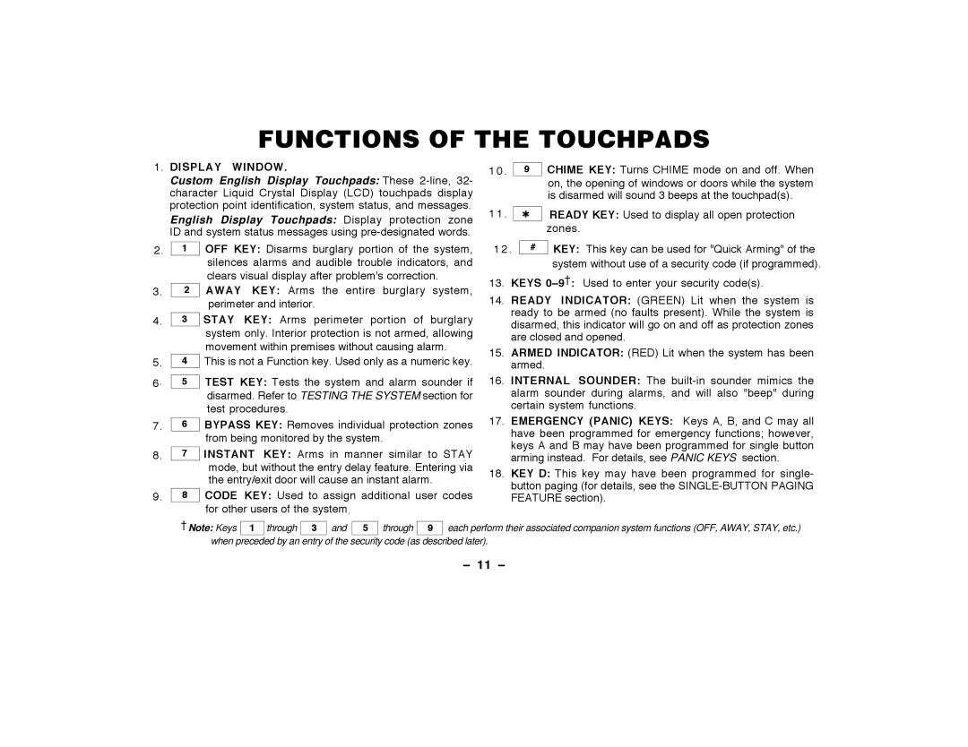 ADT Security Services Security Manager 2000, Security System user manual Functions of the Touchpads, 11 Ð 