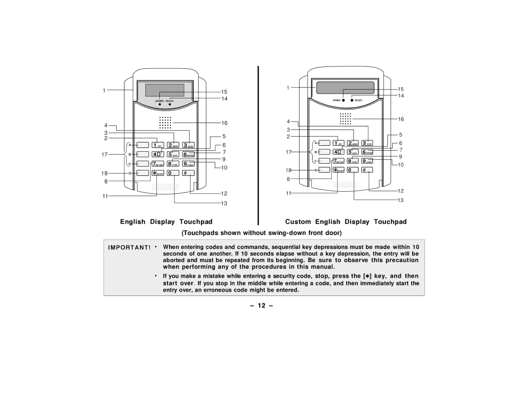 ADT Security Services Security System, Security Manager 2000 user manual Custom English Display Touchpad, 12 Ð 