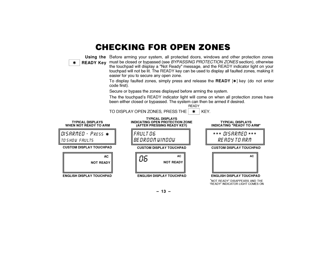 ADT Security Services Security Manager 2000, Security System user manual Checking for Open Zones, Using the Ready Key, 13 Ð 