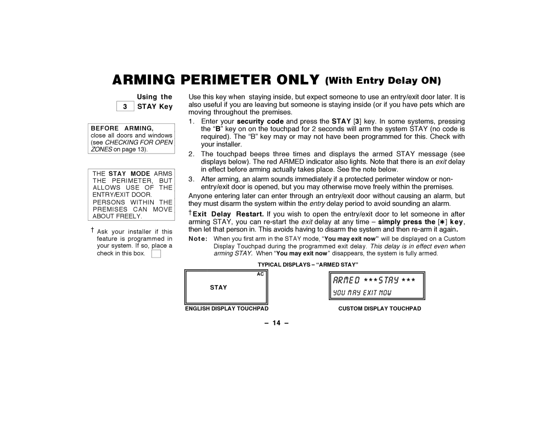 ADT Security Services Security System user manual Arming Perimeter only With Entry Delay on, Using 3 Ê Stay Key, 14 Ð 