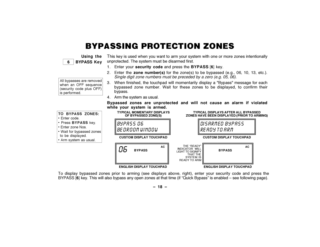 ADT Security Services Security System, Security Manager 2000 Bypassing Protection Zones, Using 6 Ê Bypass Key, 18 Ð 