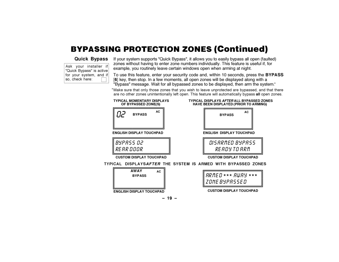 ADT Security Services Security Manager 2000, Security System user manual Bypassing Protection Zones, 19 Ð 