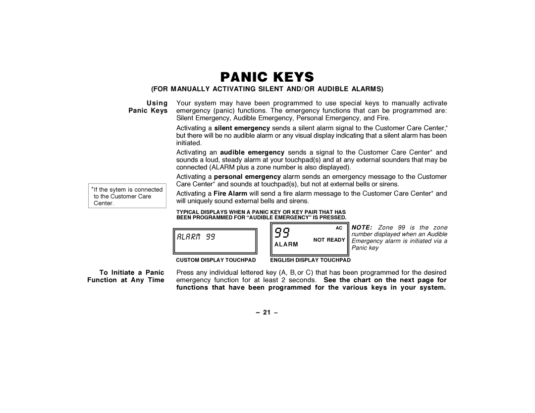 ADT Security Services Security Manager 2000 Panic Keys, For Manually Activating Silent AND/OR Audible Alarms, 21 Ð 