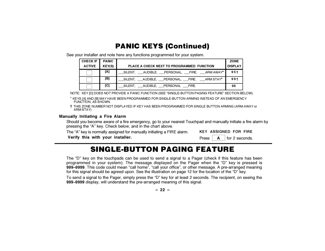 ADT Security Services Security System user manual Manually Initiating a Fire Alarm, Verify this with your installer, 22 Ð 