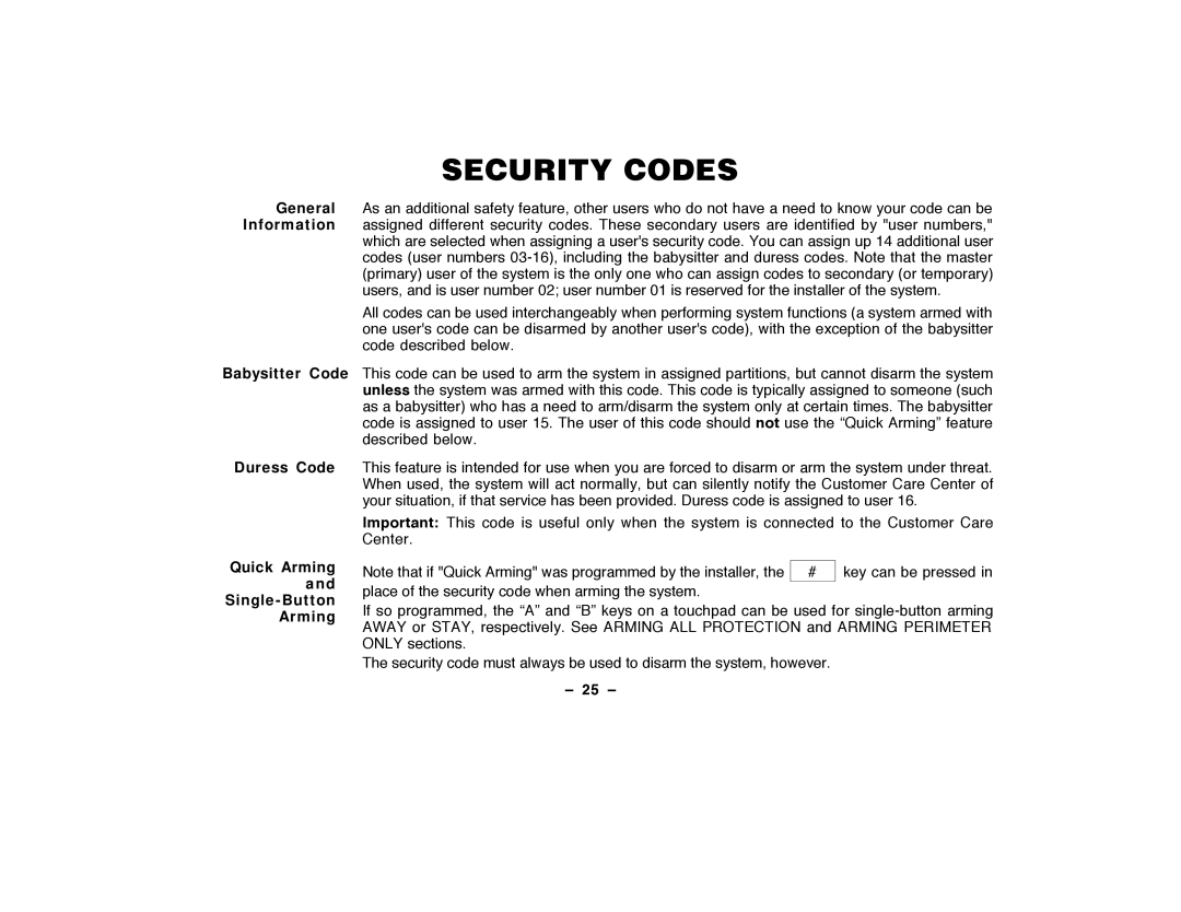 ADT Security Services Security Manager 2000, Security System Security Codes, Duress Code Quick Arming Single-Button, 25 Ð 