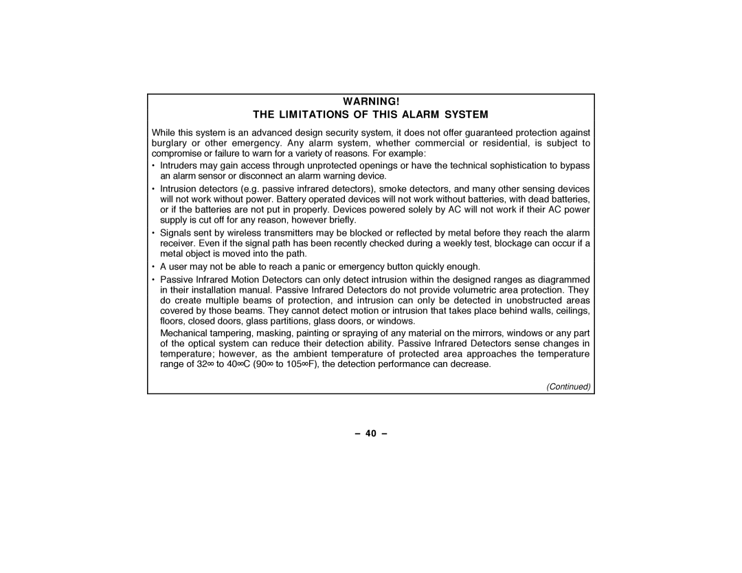 ADT Security Services Security System, Security Manager 2000 user manual Limitations of this Alarm System, 40 Ð 