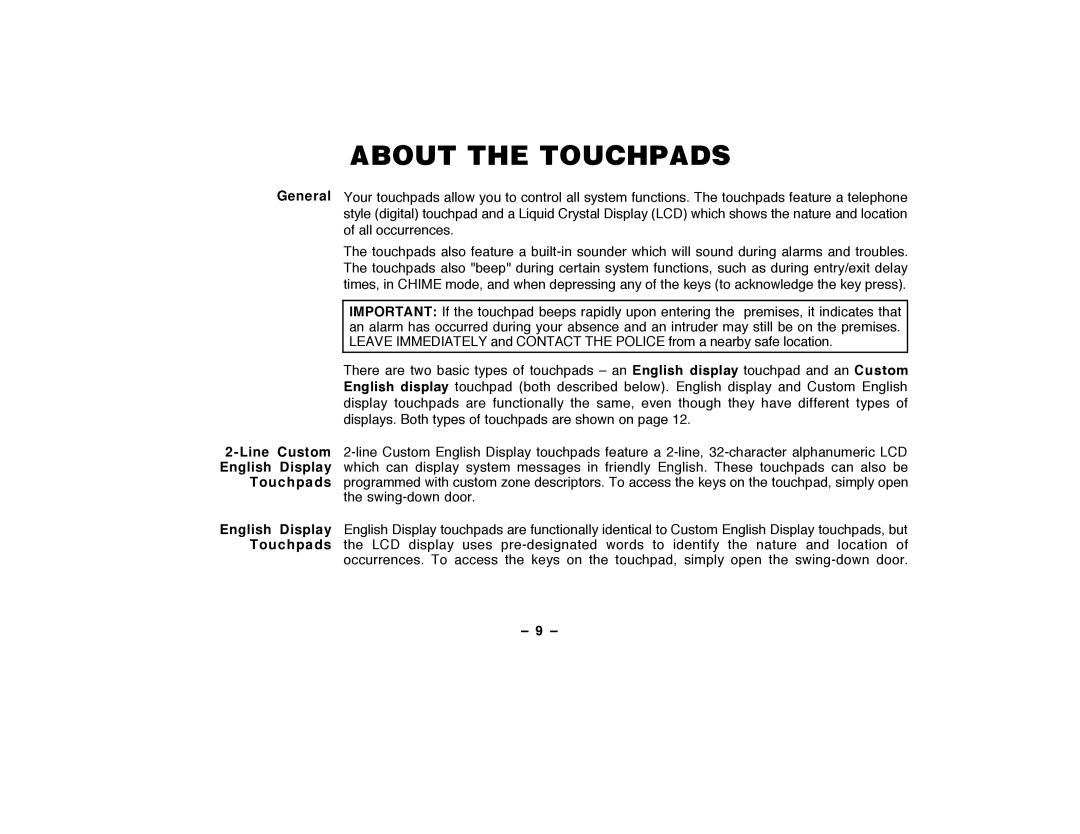 ADT Security Services Security Manager 2000, Security System user manual About the Touchpads 