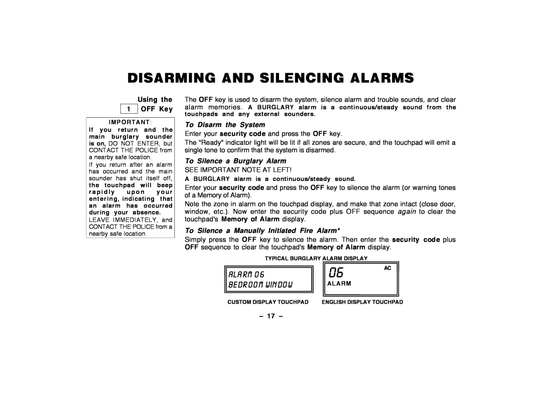 ADT Security Services Security Manager 2000 user manual Disarming And Silencing Alarms, Ala Rm, Be Dr Oo M Win Do W, Ð 17 Ð 